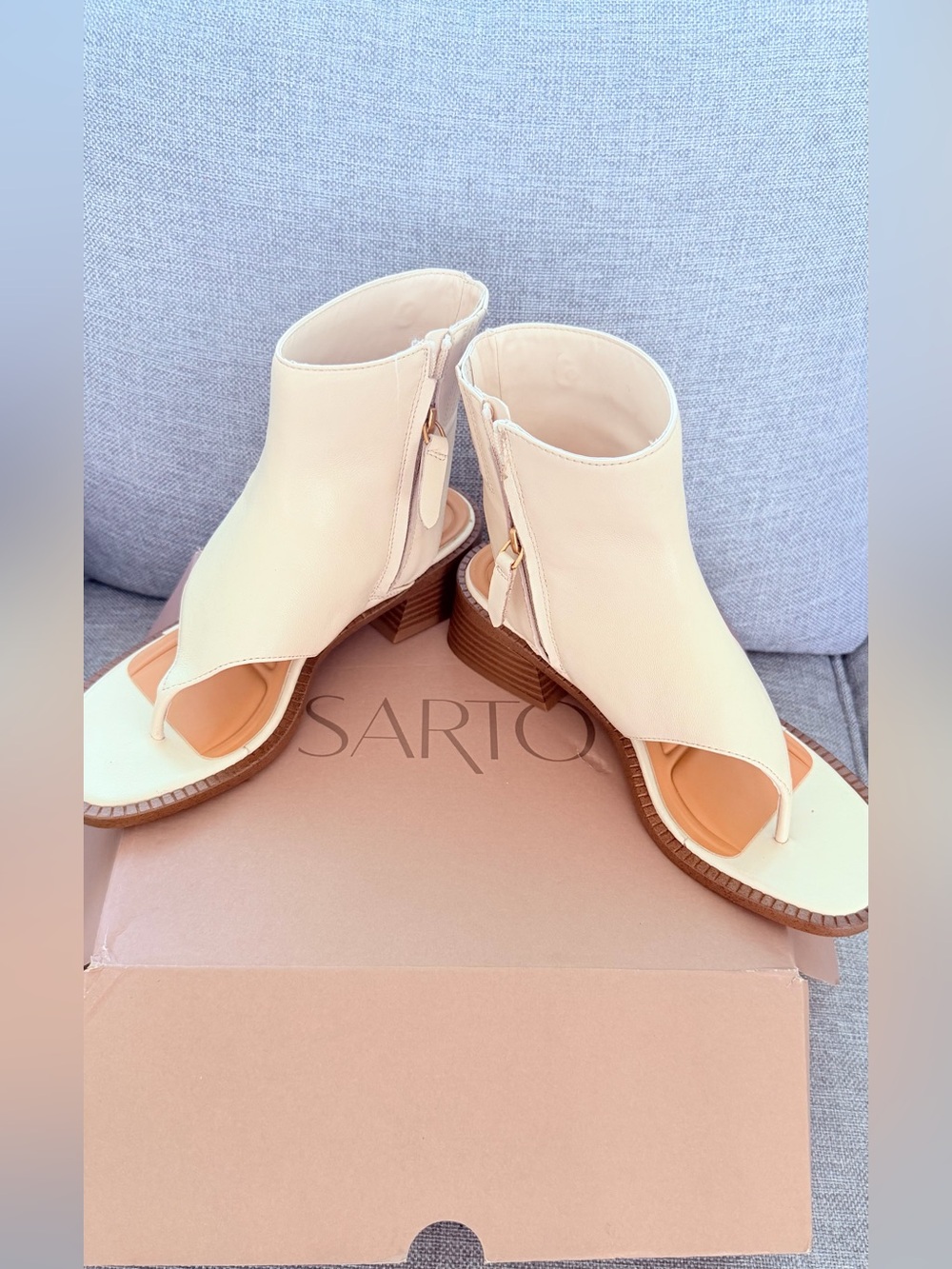 Franco Sarto Cream Open-Toe Block Heel Sandal with Side Zip